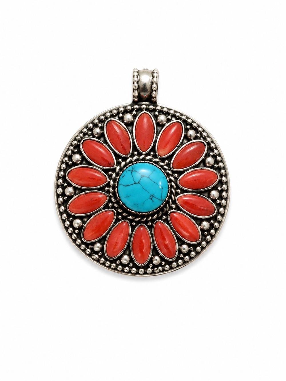 Native Style Turquoise & Coral Floral Disk Pendant - Women Jewelry